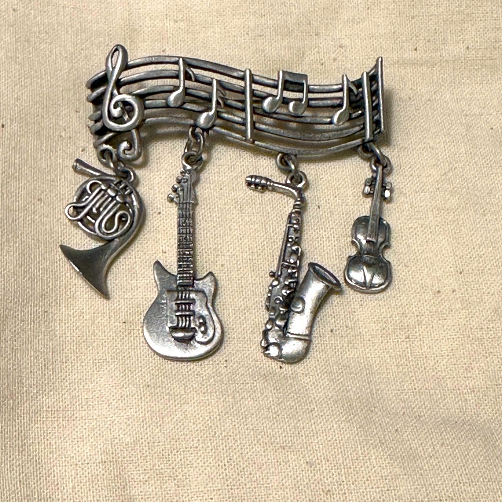 Silver Musical Instrument Pin- French Horn, Alto Sax, Guitar And Violin.